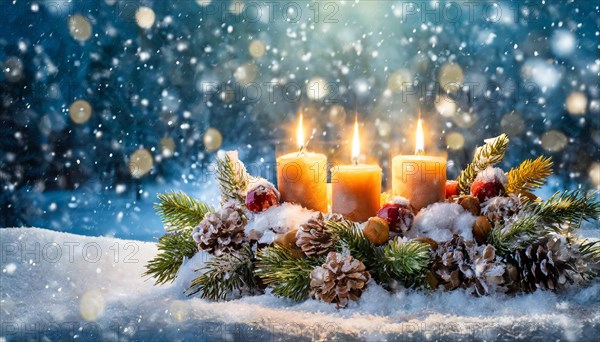 Ai generated, Advent wreath with burning candles, Christmas time, Christmas decoration, 3rd Advent,