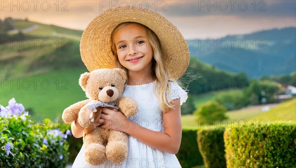 Ai generated, A blonde girl, 8 years old, enjoys the summer in a meadow with lots of flowers and is