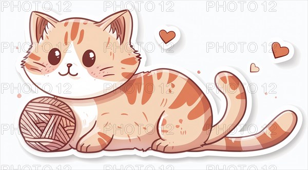 A playful orange cartoon cat sticker with yarn and small hearts around it, ai generated, AI