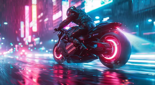 A motorcyclist braves the rain at night, speeding down a neon-illuminated wet street, ai generated,