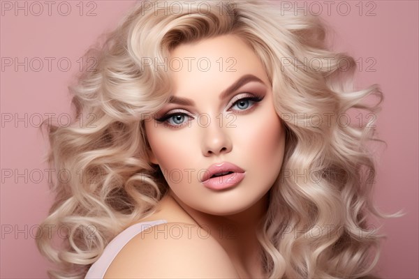 Beauty shot of pretty curvy model with round face, long wavy blond hair and glamour makeup on pink
