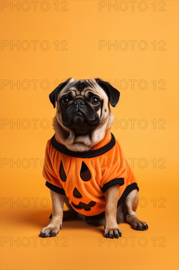 Funny pug dog in orange shirt with carved Halloween pumpkin face in front of yellow studio