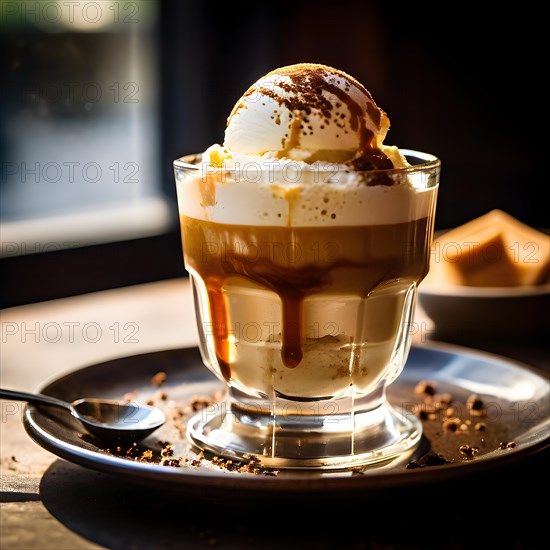 Affogato al caff featuring a scoop of vanilla bean ice cream drowned in a shot of hot espresso, AI