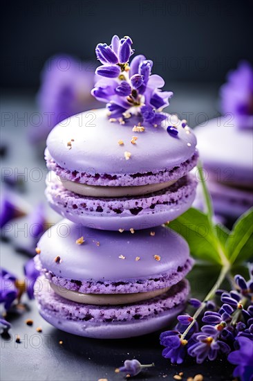 Lavender honey ice cream sandwiched between french macarons fresh lavender sprigs adornment, AI