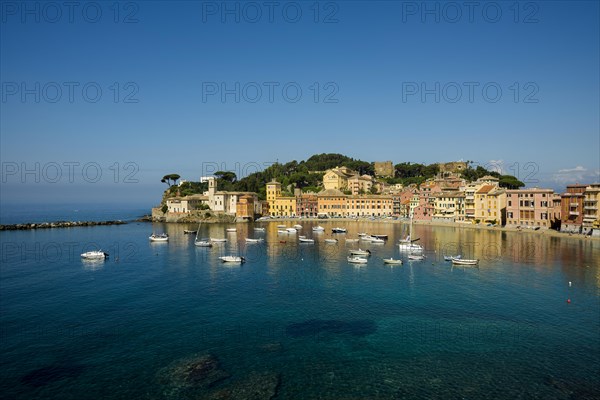 Village with beach and colourful houses by the sea, Baia del Silenzio, Sestri Levante, Province of