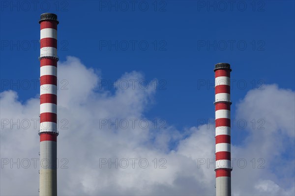 Chimney of a power plant in Sines, red, white, blue sky, power plant, energy, environment, climate,