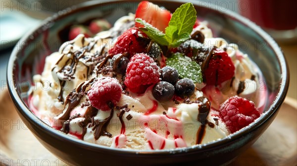 Indulgent sundae with berries, drizzled chocolate sauce, and whipped cream, ai generated, AI
