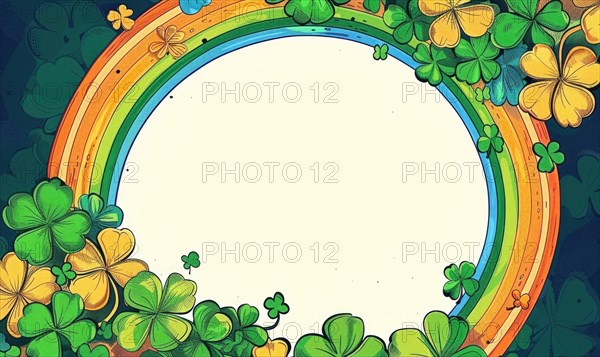 Vintage style circular rainbow frame with colorful shamrocks on a black background AI generated