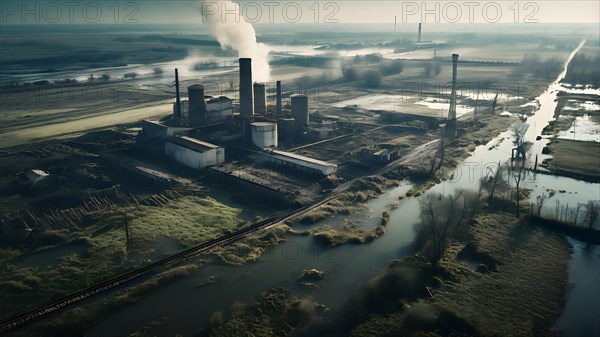 Aerial perspective captures devastated agricultural landscapes immersed in floodwaters, AI