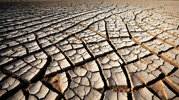 Barren field featuring cracked earth under a merciless scorching sun, AI generated