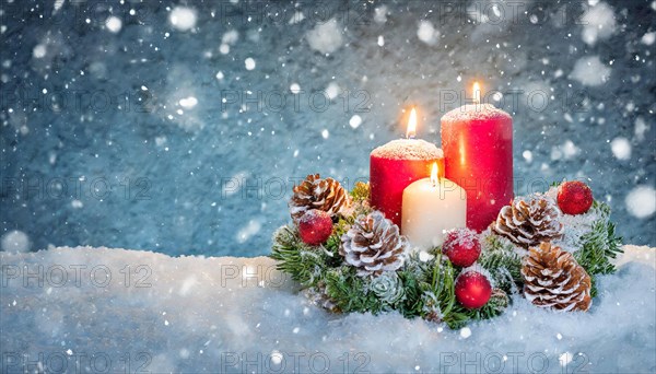 Ai generated, Advent wreath with burning candles, Christmas time, Christmas decoration, 3rd Advent,