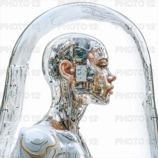Medical a human head with brain and computer chip, symbol image KI in the human brain, ai