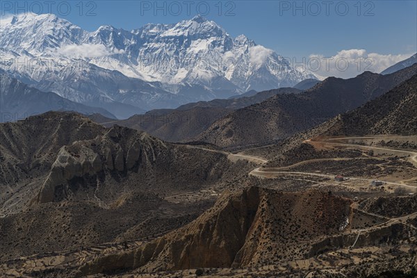 Barren mountain scenery before the Annapurna mountain range, Kingdom of Mustang, Nepal, Asia