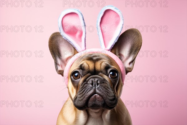 Funny French Bulldog dog with Easter bunny costume ears in front of pink studio background. KI