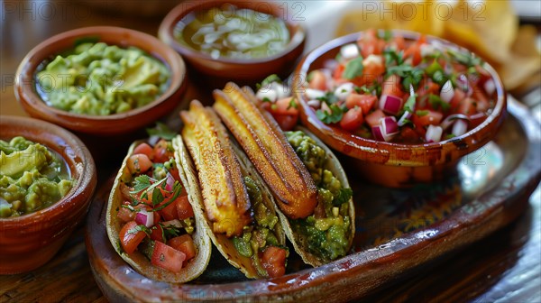 Delicious Mexican tacos with fresh salsa and guacamole, vibrant and inviting, ai generated, AI