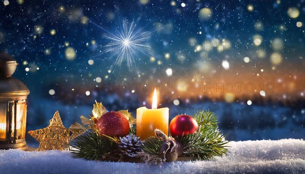 Ai generated, Advent wreath with burning candles, Christmas time, Christmas decoration, First