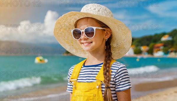KI generated, An 8 year old blonde girl with sunglasses and a straw hat is on holiday on the beach