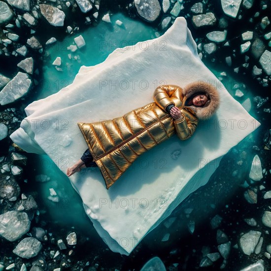 Woman in yellow golden puffer jacket lies on a block of ice alone in the middle of the ocean sea.