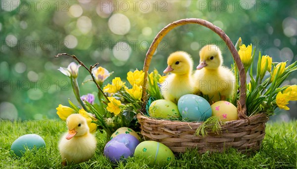 Ai generated, An Easter basket with coloured eggs in a meadow with colourful flowers, two ducklings