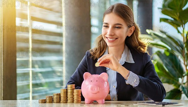 AI generated, A young woman, 20, 25, years, saves money and coins for the future, provision, nest