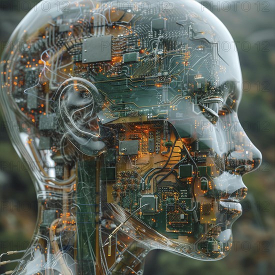 Medical a human head with brain and computer chip, symbol image KI in the human brain, ai
