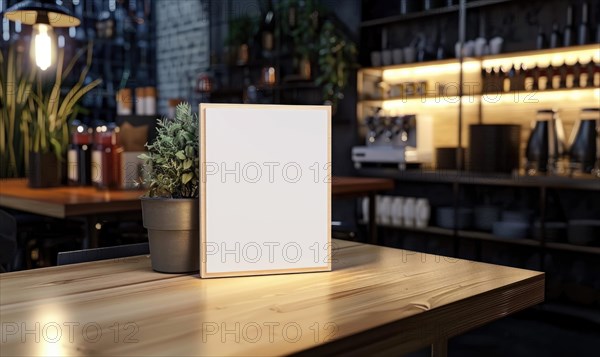A cozy cafe interior with an empty menu board on a wooden table under warm ambient lighting AI