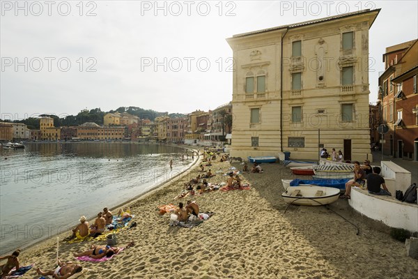Village with beach and colourful houses by the sea, Baia del Silenzio, Sestri Levante, Province of