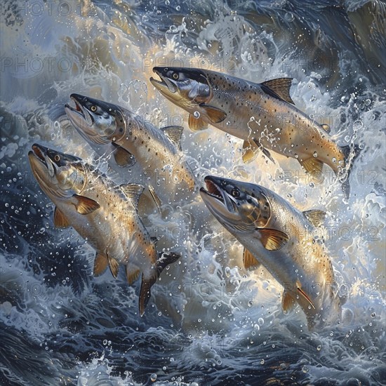 Salmon (Salmo salar) on the migration and swim up a stream in shallow, clear water, ai generiert,