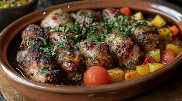 Herb-garnished roasted chicken with colorful vegetables served in a clay pot, ai generated, AI