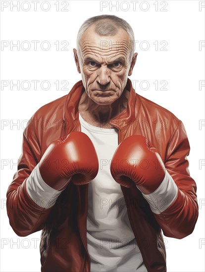 Illustration, an older man with boxing gloves looks confidently and resolutely into the camera,
