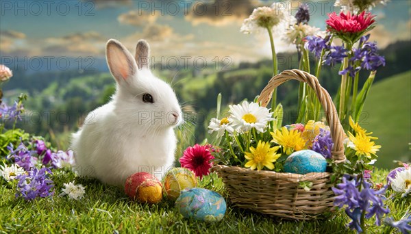 Ai generated, An Easter basket with coloured eggs in a meadow with colourful flowers, in the basket