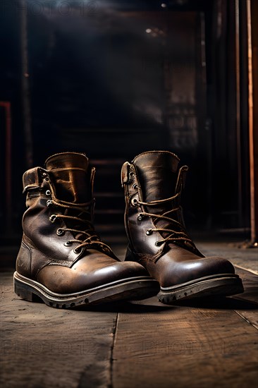 Well worn leather boots creased and scuffed narrative of adventure standing on expansive floor, AI