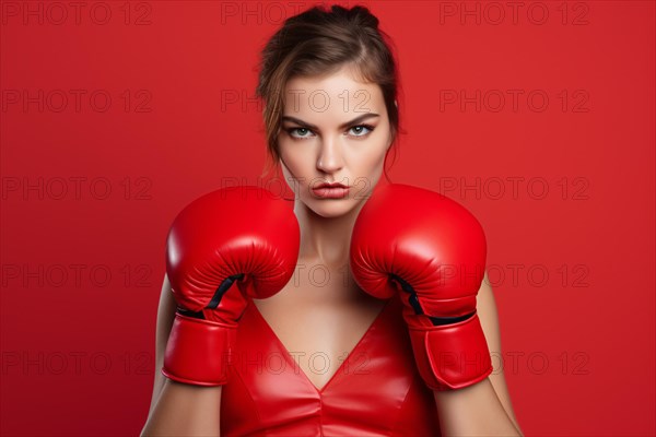 Fierce woman with determined face expression and red boxing gloves in front of studio background.