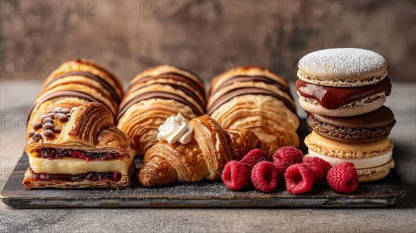 A decadent spread of croissants, various macarons, raspberries, and dark chocolate toppings, ai