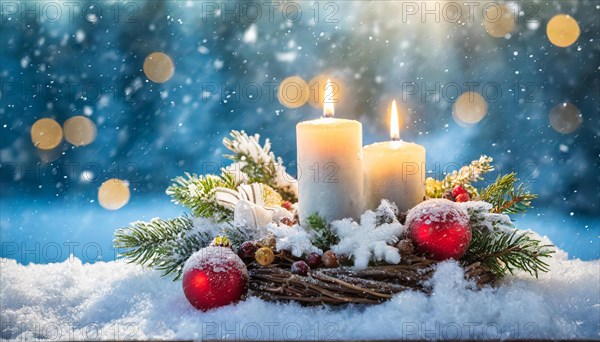Ai generated, Advent wreath with burning candles, Christmas time, Christmas decoration, 2nd Advent,