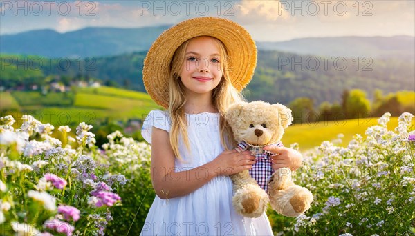 Ai generated, A blonde girl, 8 years old, enjoys the summer in a meadow with lots of flowers and is