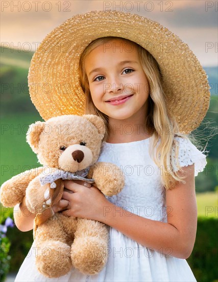 Ai generated, A blonde girl, 8 years old, enjoys the summer in a meadow with lots of flowers and is