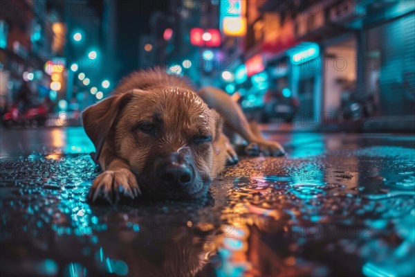 An abandoned, stray, young mixed-breed dog lies on a wet road at night and looks sad, AI generated,