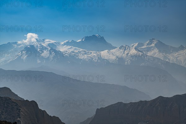 Desert mountain scenery with the Annapurna mountain range in the background, Kingdom of Mustang,