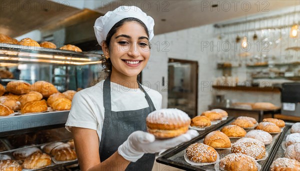 Ai generated, woman, 20, 25, years, shows, bakery, bakery shop, baquette, white bread, France,