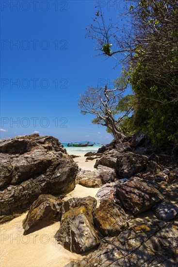 Bamboo Island, boat, wooden boat, longtail boat, bay, sea bay, sea, ocean, Andaman Sea, tropics,
