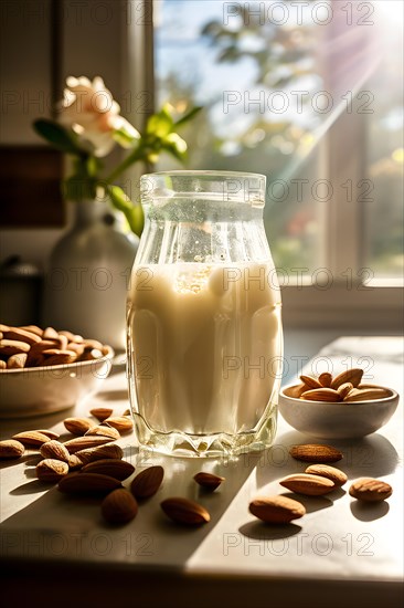 Almond milk cascades into a glass backlight from a sunlit window casting a warm glow on the
