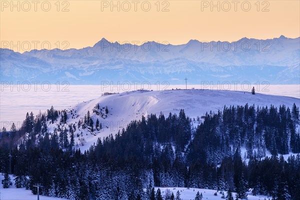 View from the Feldberg over the Herzogenhorn to the Swiss Alps, in front of sunrise,