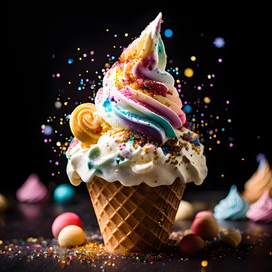Whimsical unicorn ice cream sundae with rainbow swirls edible glitter and a golden horn, AI