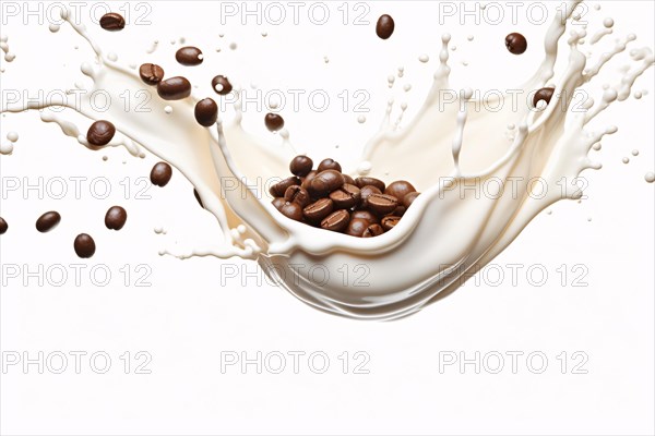 Milk or yogurt splash with raw coffee beans on white background. KI generiert, generiert AI