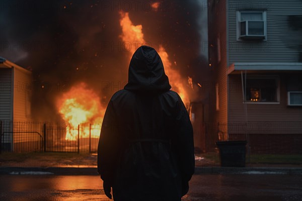 Back view of hooded person in front of burning building at night. Arson crime concpet. KI