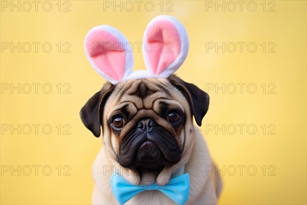 Funny pug dog with Easter bunny costume ears and bow tie on yellow studio background. KI generiert,