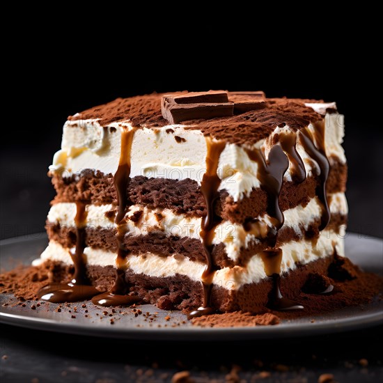 Tiramisu in cross section coffee soaked ladyfingers interspersed with creamy mascarpone surface, AI