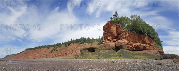 Panorama, wooded cliffs, red sandstone, Five Islands Provincial Park, Fundy Bay, Nova Scotia,