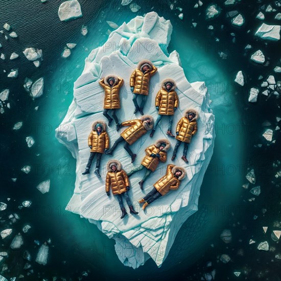 Group of people in yellow golden puffer jacket lies on a block of ice alone in the middle of the